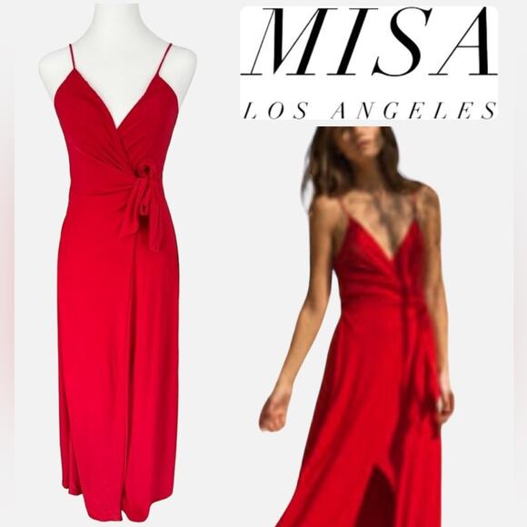 Misa Los Angeles Veronica Dress Red Long Wrap Maxi Stretchy Romantic Glamorous - Picture 2 of 16